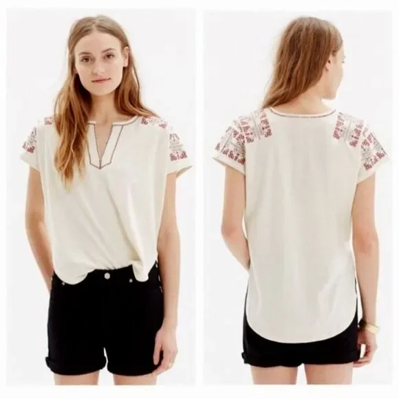 Madewell Embroidered Split Neck Top Ivory Red Cotton Linen XS - Picture 2 of 8